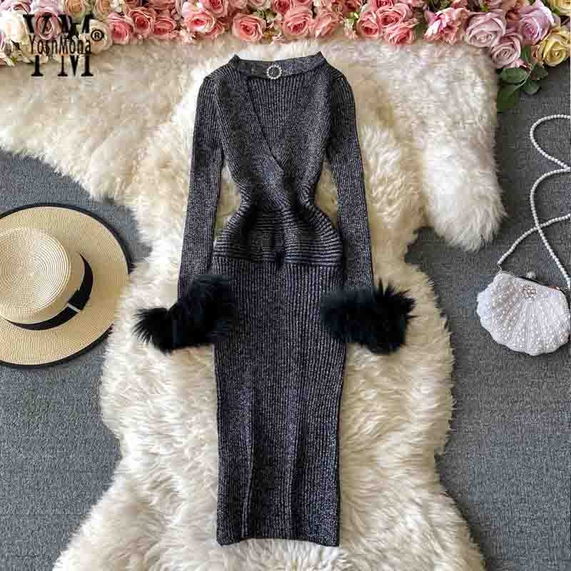 YornMona Autumn Winter Women Shining Knitted Sweater Dress Sexy Hollow Out V-neck Halter Bodycon Dress Red Christmas Party Dress - Executive-Skincare