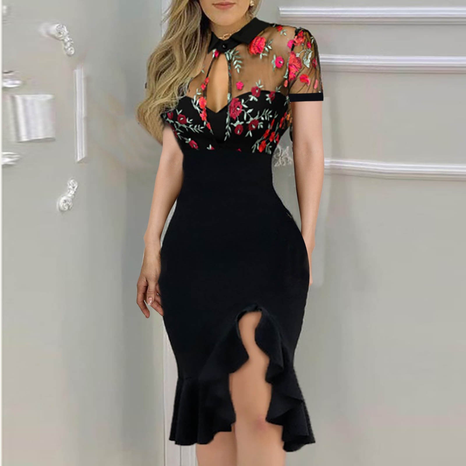 Women Summer Dress For Women Clothing 2021 Slit Ruffles Hem Floral Pattern Slimming Lace Long Sleeve Dress With Side Slits - Executive-Skincare