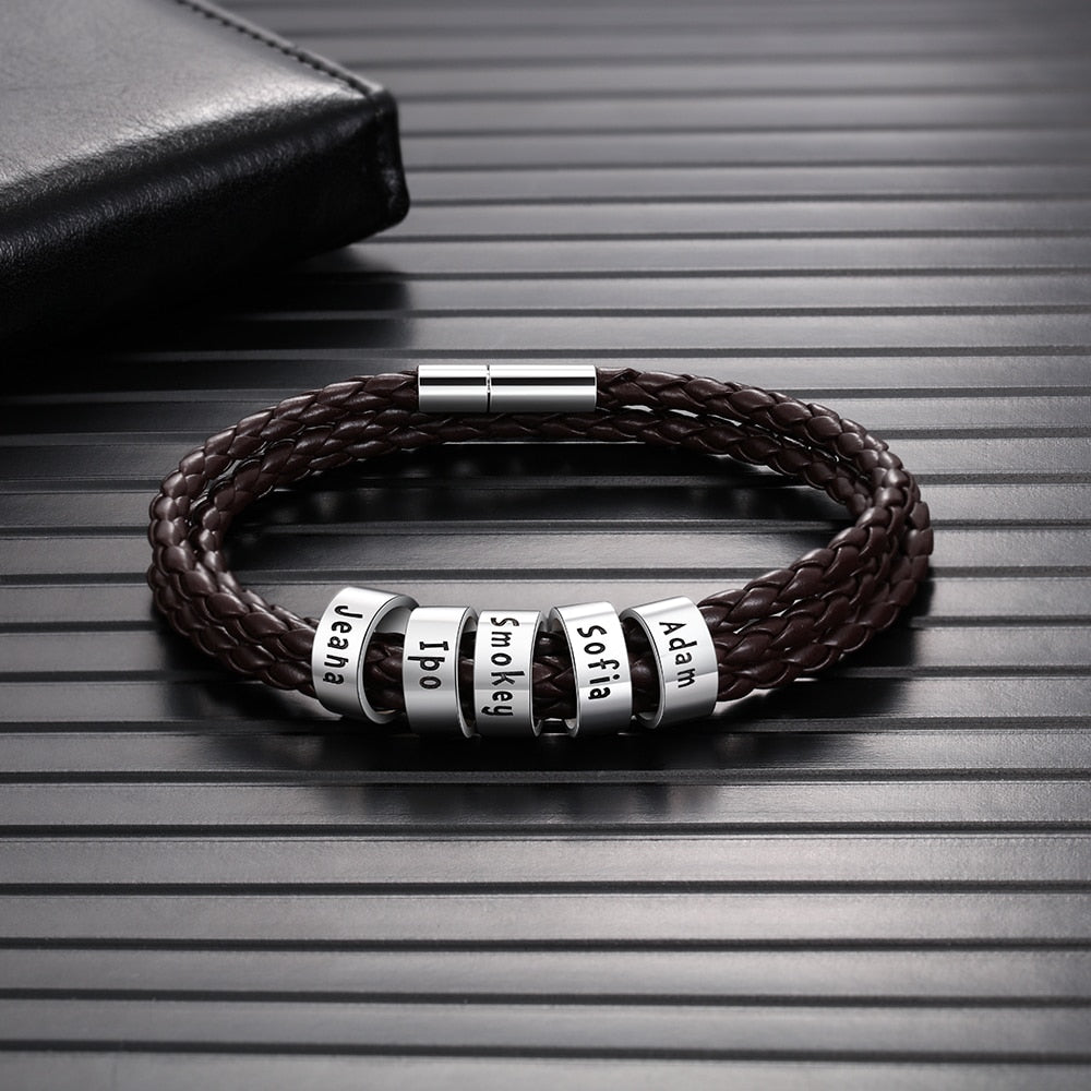 Customized 2-5 Names Beads Bracelets for Men Personalized Brown Braided Rope Leather Bracelet Male Jewelry Gift for Grandfather - Executive-Skincare