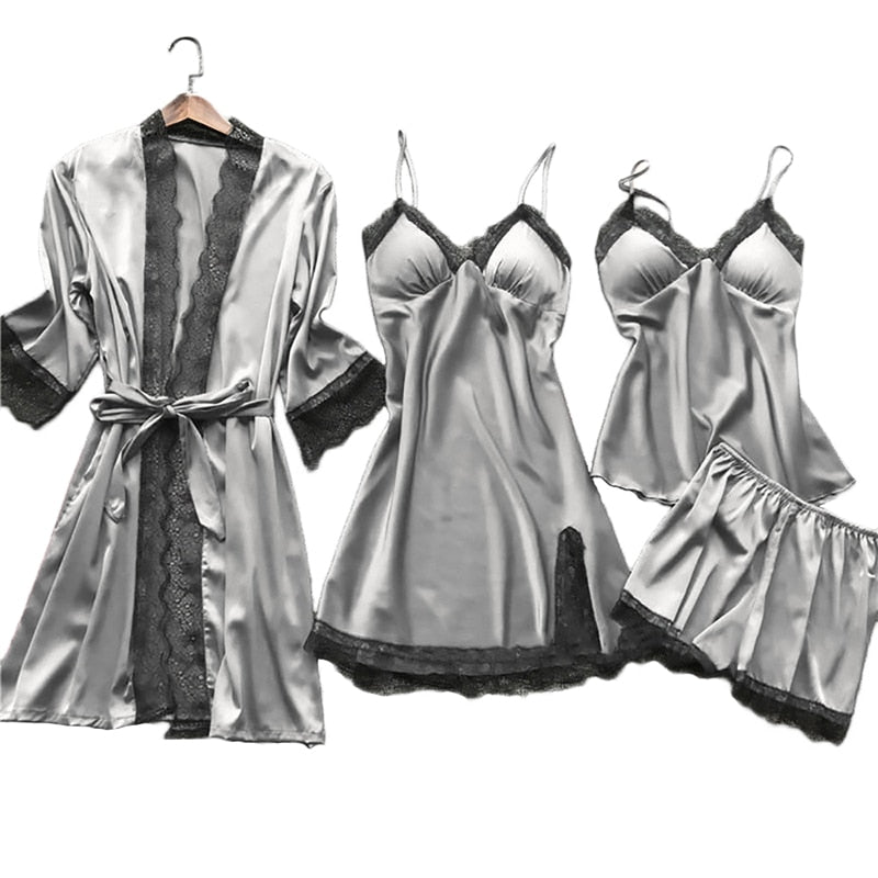 5pcs Silk Robe Set Women Lace Pajamas Gown Set V-Neck Nighties Wear Home Nightwear Pijama Sleepsuit Spring Nightdress