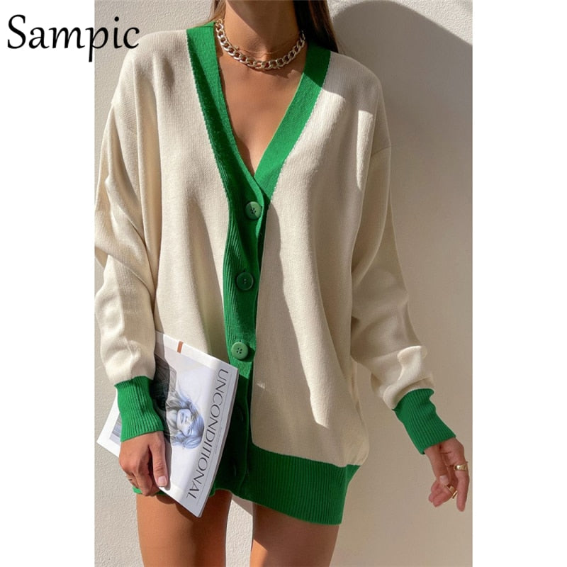 Sampic Loose Patchwork Knitwear Winter 2021 Women Cardigans Tops Oversized Long Sleeve Y2K V Neck Sweater Casual Fashion Tops - Executive-Skincare