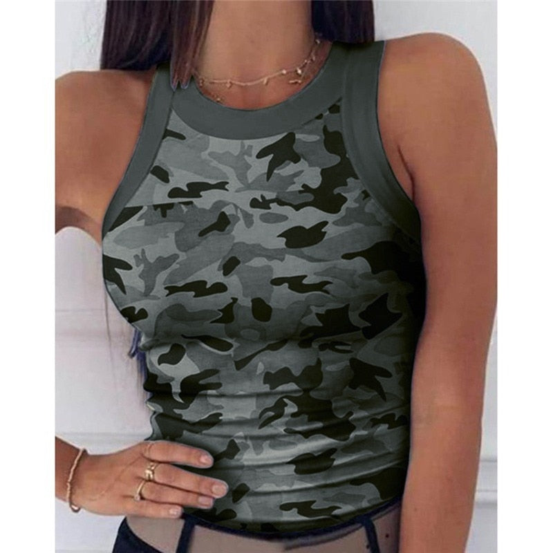 2022 Summer Women Print Top Fashion Women Casual Army Camo Camouflage Tank Sleeveless O-neck Slim Vest T-Shirts - Executive-Skincare