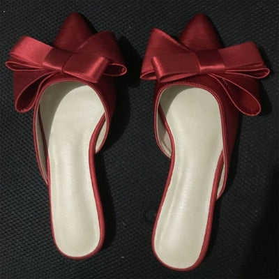 2018 spring and summer women&#39;s shoes Korean silk satin Pointed bow tie slippers Baotou flat heel sets semi slippers - Executive-Skincare