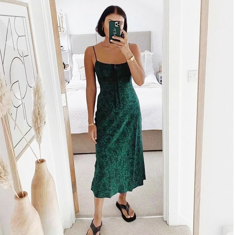 Foridol Strap Sleeveless Print Boho Summer Dress Long Women Green Floral Yellow Dresses Sundress Vintage French Style Dress - Executive-Skincare