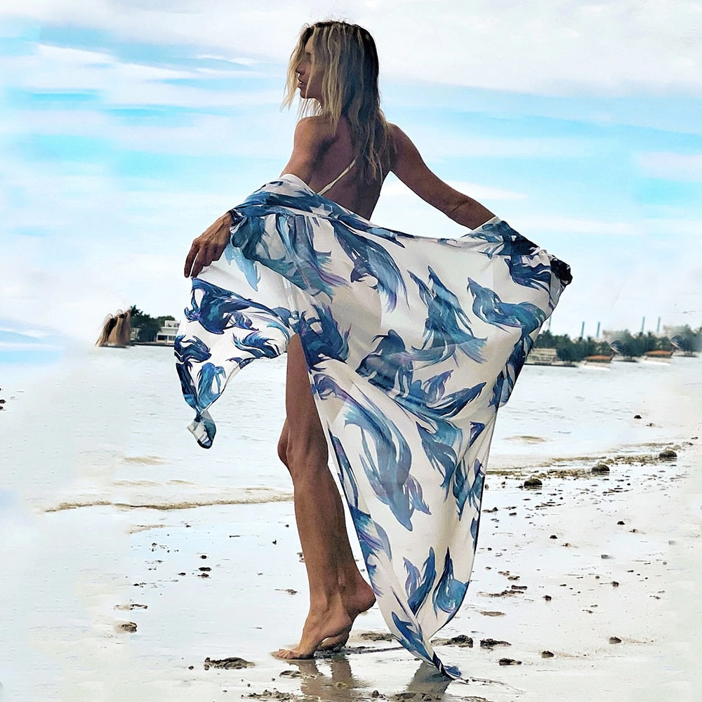 Leaves Print Bikini Beach Cover up Tunics for Beach Long Kaftan Bikini Cover up Robe de Plage Sarong Beach Swimsuit cover-ups - Executive-Skincare