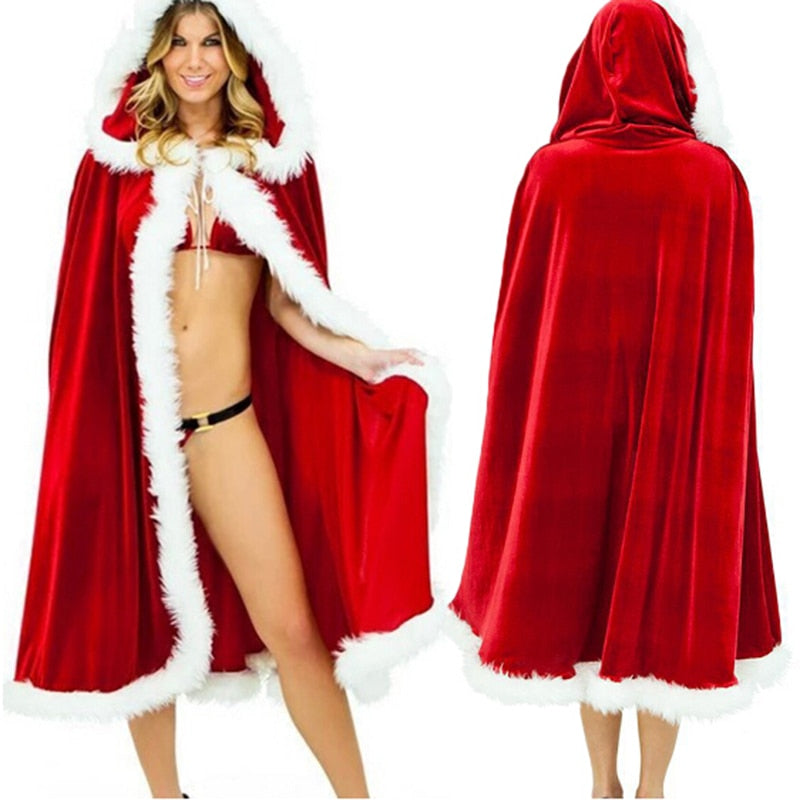 4 Size Red Velvet Hooded Cape Cloak Sexy Santa Cosplay Christmas Costumes Women Carnival Party Clubwear Winter Warm Overcoat - Executive-Skincare