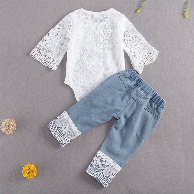 lioraitiin New 0-24M Baby Girls Fall Clothes Long Sleeve Lace Romper Suit Triangle Crotch Lace Top  Hole Long Jeans 2Pcs Outfit - Executive-Skincare