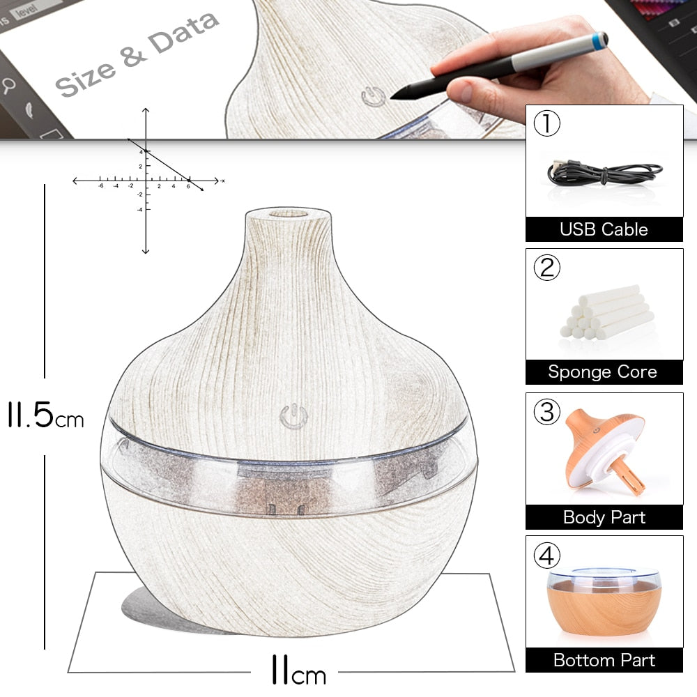 300ML USB Air Humidifier Electric Aroma Diffuser Mist Wood Grain Oil Aromatherapy Mini Have 7 LED Light For Car Home Office - Executive Quality Store