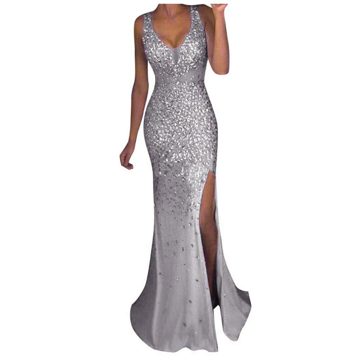 Gold Sequined Sling Mermaid Dress Women Elegent Evening Prom Party Ball Gown Vestidos Sexy V Neck Slits Bridesmaid Dress - Executive-Skincare