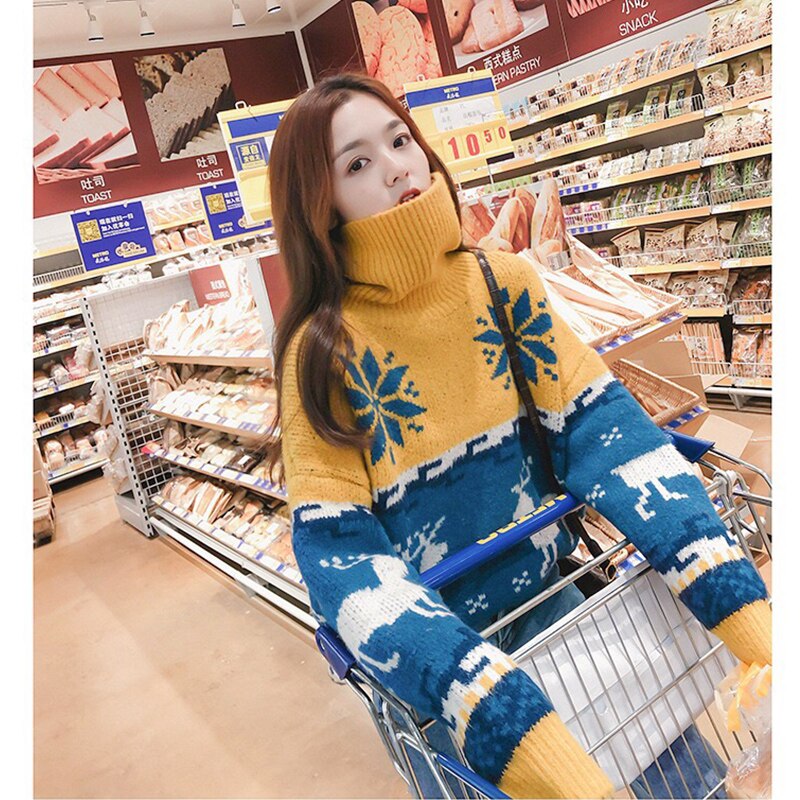 Christmas Knitted Sweater Women Zevity Casual Oversized Turtleneck Streetwear Overcoat Long Sleeve Warm Coat Preppy Style Kawaii - Executive-Skincare