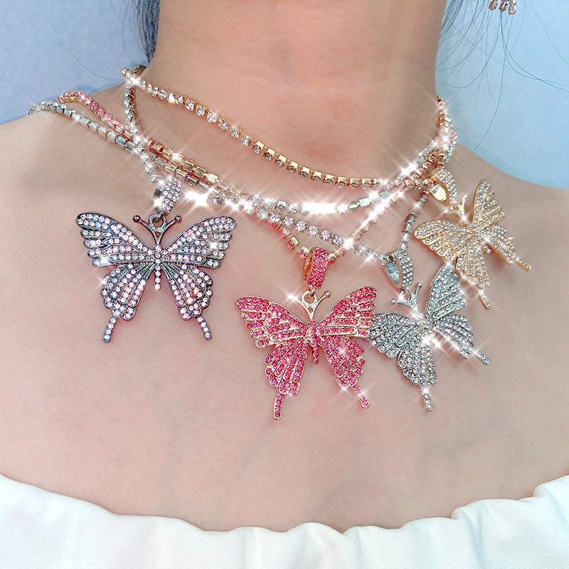 Statement Big Butterfly Pendant Necklace Rhinestone Chain for Women Bling Tennis Chain Crystal Choker Necklace Party Jewelry - Executive-Skincare