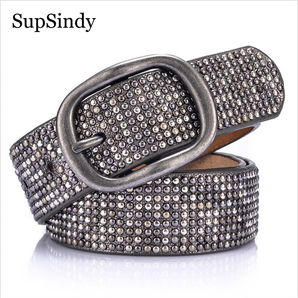 SupSindy woman leather belt geometric rivet pin buckle PU belts for women European fashion top quality leather strap for jeans - Executive-Skincare