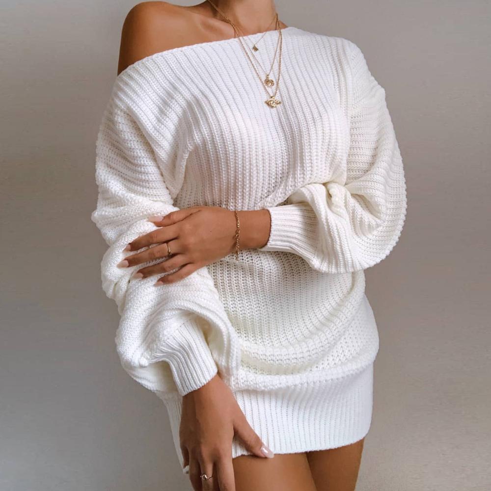 Cryptographic Casual Knitted Mini Dress Women Autumn Winter Sweaters Balloon Long Sleeve Knitwear Women's Dresses Loose Jersey - Executive-Skincare