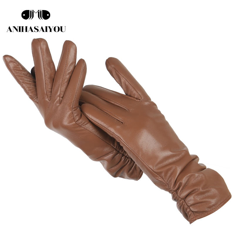 Classic pleated leather gloves women color real leather gloves women sheepskin Genuine Leather winter gloves women-2081 - Executive-Skincare