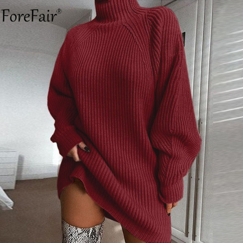 Forefair Turtleneck Long Sleeve Sweater Dress Women Autumn Winter Loose Tunic Knitted Casual Pink Gray Clothes Solid Dresses - Executive-Skincare