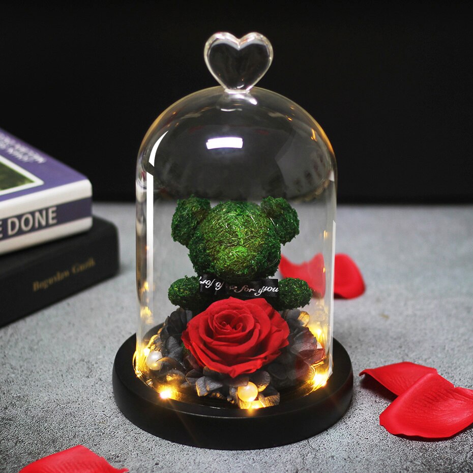 The Beautiful and the Beast Teddy Bear Rose Decor Natural Dried Flowers In Glass Dome LED Mother&#39;s Valentine&#39;s Day Wedding Gift - Executive-Skincare