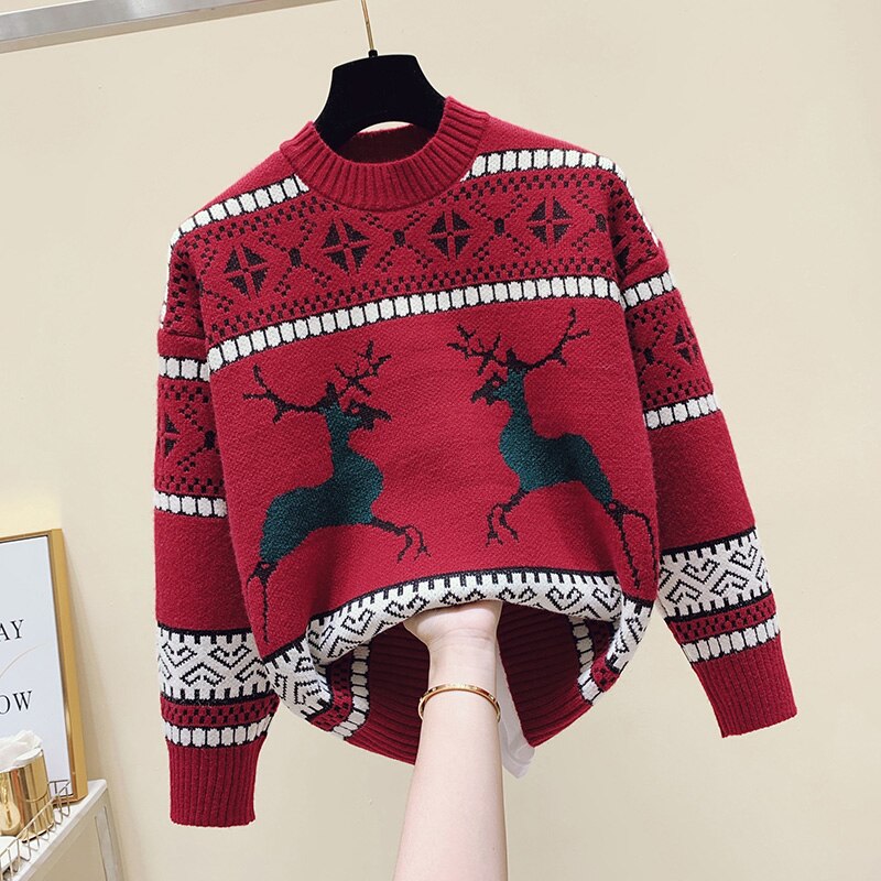 Vintage Jacquard Christmas Sweater Women Pullover Autumn O Neck Long Sleeve Loose Reindeer Print Knitted Jumpers Female Tops - Executive-Skincare