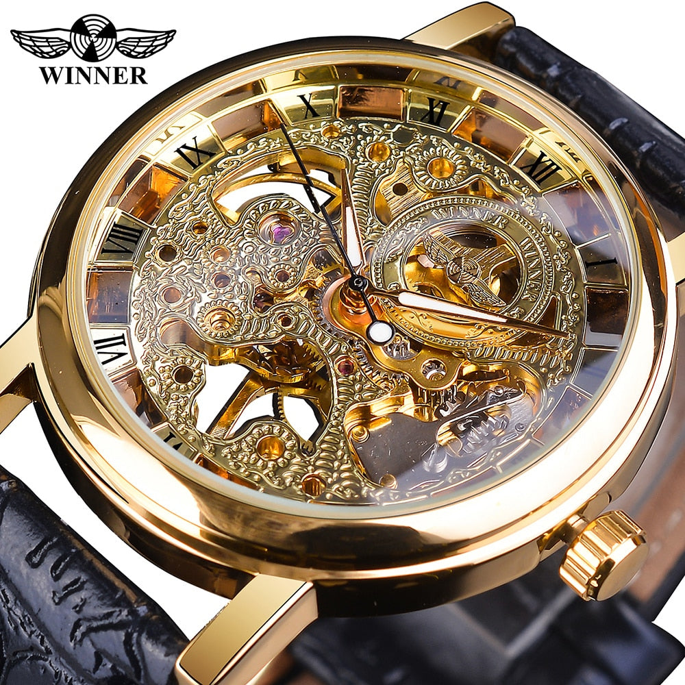 Winner Transparent Golden Case Luxury Casual Design Brown Leather Strap Mens Watches Top Brand Luxury Mechanical Skeleton Watch - Executive-Skincare