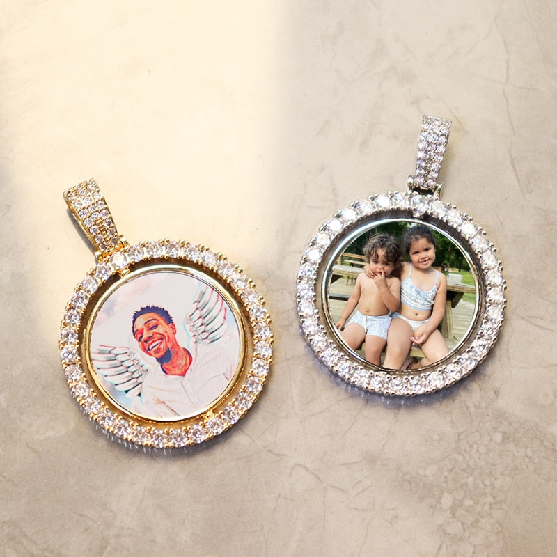 D&amp;Z Custom Made Photo Rotating double-sided Medallions Pendant Micro Paved CZ Round Pendant Collier For Men Women Accessories - Executive-Skincare