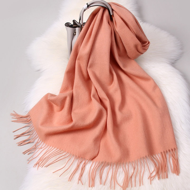 Winter 100% Pure Wool Scarf Neck Warmer Women Echarpe Wrap with Tassel Pashmina Foulard Femme Merino Cashmere Scarves for Ladies - Executive-Skincare