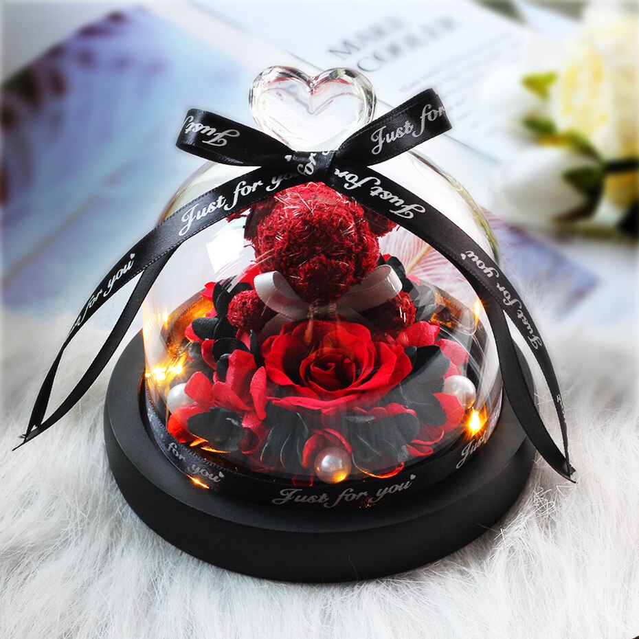 The Beautiful and the Beast Teddy Bear Rose Decor Natural Dried Flowers In Glass Dome LED Mother&#39;s Valentine&#39;s Day Wedding Gift - Executive-Skincare