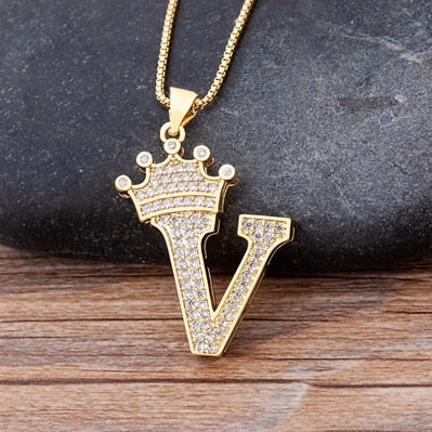 Nidin New Luxury Copper Zircon A-Z Crown Alphabet Pendant Chain Necklace Hip-Hop Style Fashion Woman Man Initial Name Jewelry - Executive-Skincare