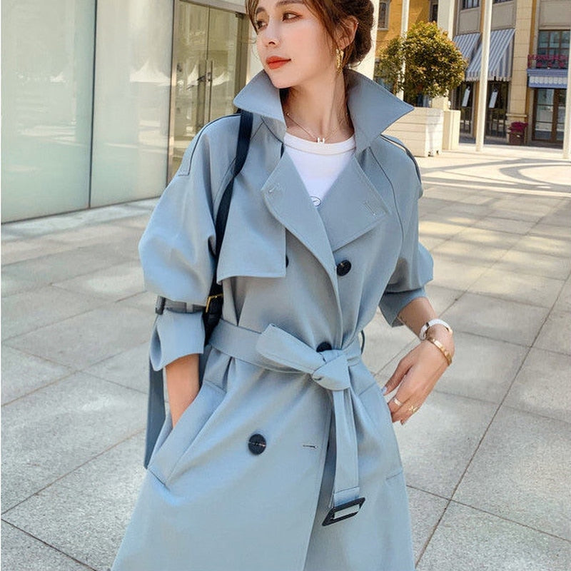 Trench Women Loose Leisure All-match England Overcoat Autumn Temperament Retro New Double Breasted Office Lady Adjustable Waist - Executive-Skincare