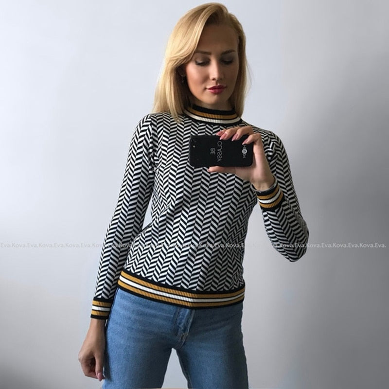 BYGOUBY Luxury Jacquard Knit Women Sweater Autumn Winter Christmas Tree Patern Turtleneck Pullovers Striped Sweaters Jumper Tops - Executive-Skincare