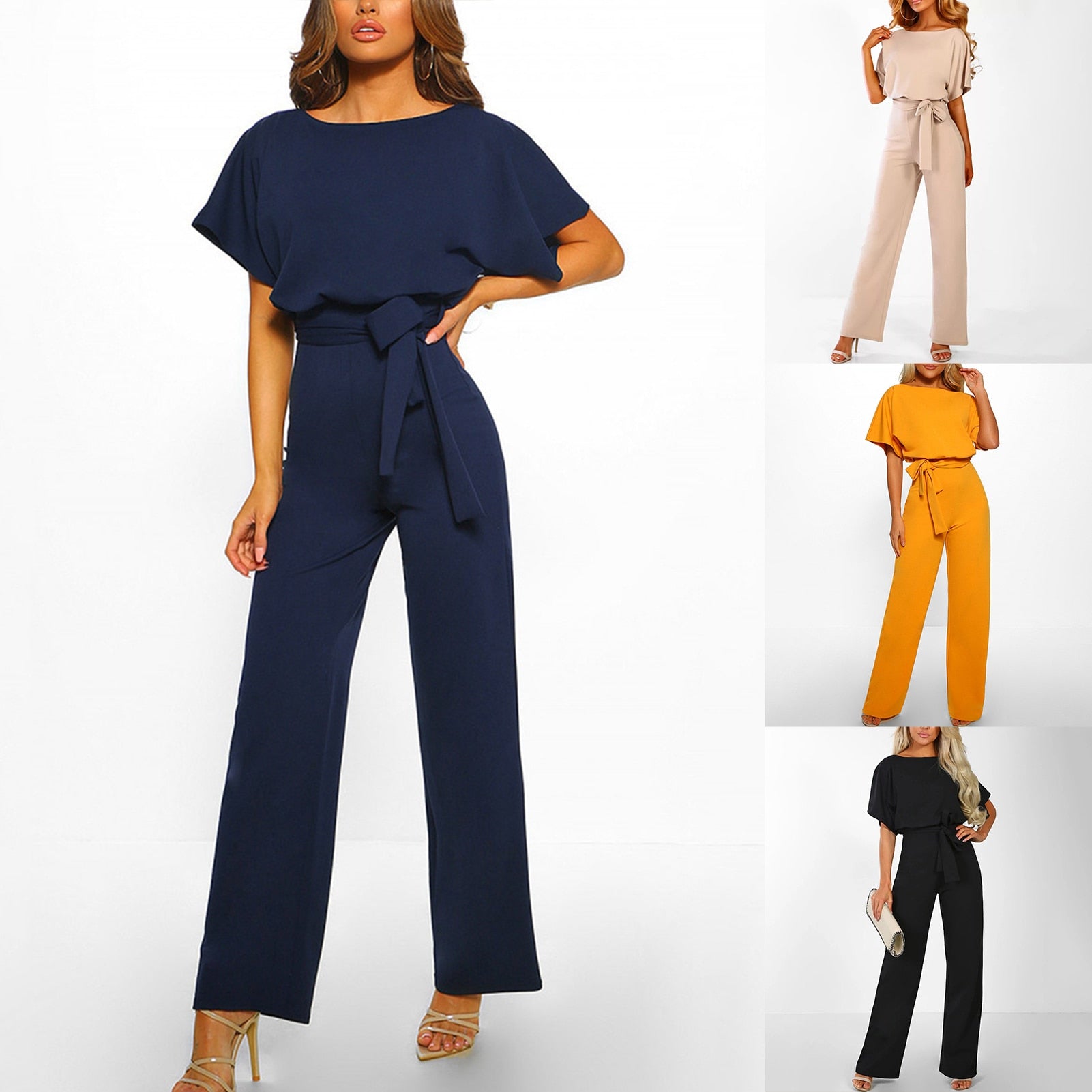 Jumpsuit Lace Up High Waist Elegant Women Solid Color Straight Leg Romper Fashion Short-sleeved Round Neck Jumpsuit for Dating - Executive Quality Store