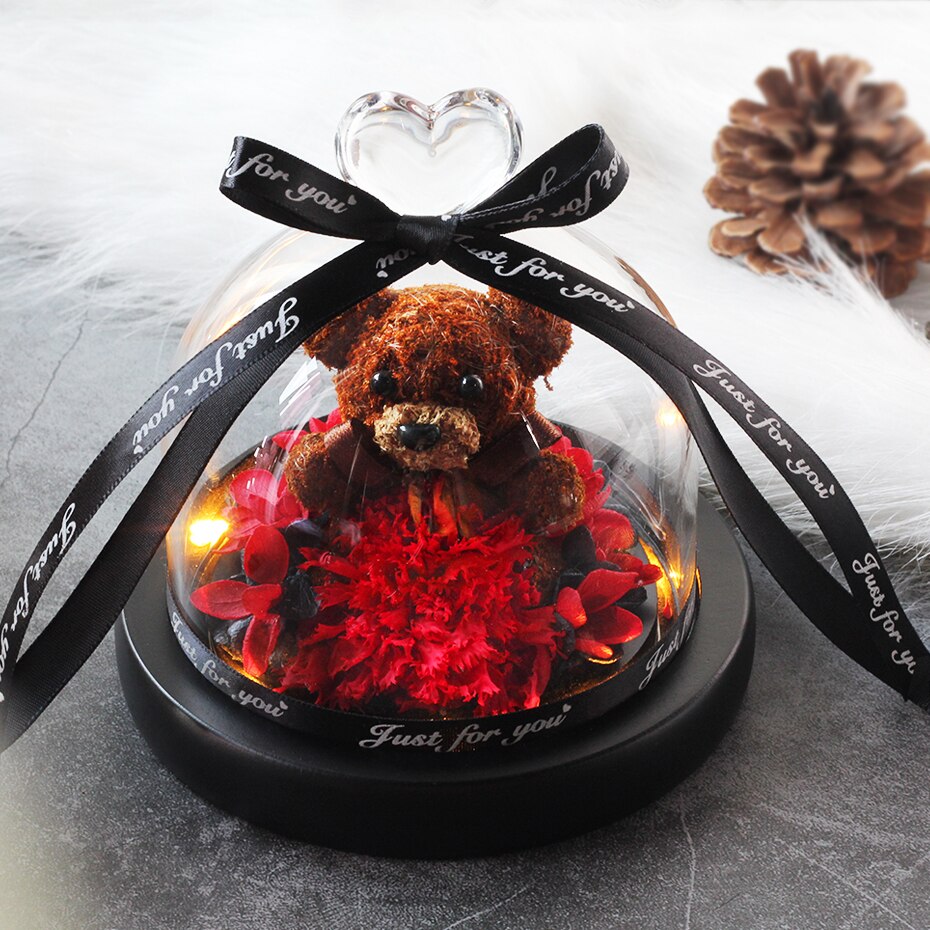 The Beautiful and the Beast Teddy Bear Rose Decor Natural Dried Flowers In Glass Dome LED Mother&#39;s Valentine&#39;s Day Wedding Gift - Executive-Skincare