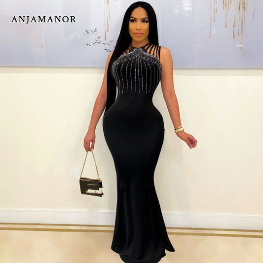 ANJAMANOR Elegant Sexy Evening Dresses for Women Party Classy Night Club Sparkle Rhinestone Black Bodycon Maxi Dress D35-DI30 - Executive-Skincare