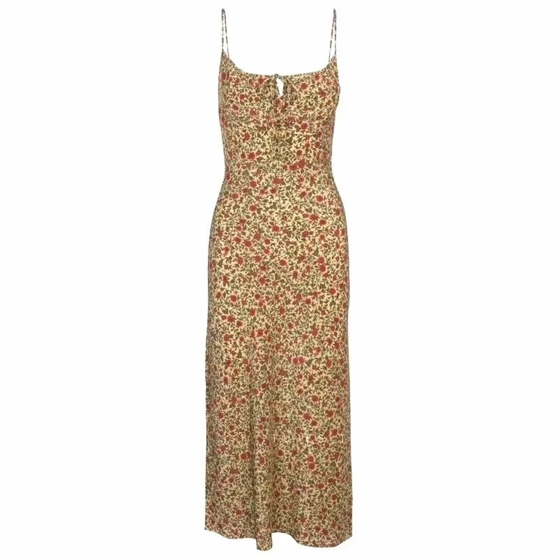 Foridol Strap Sleeveless Print Boho Summer Dress Long Women Green Floral Yellow Dresses Sundress Vintage French Style Dress - Executive-Skincare