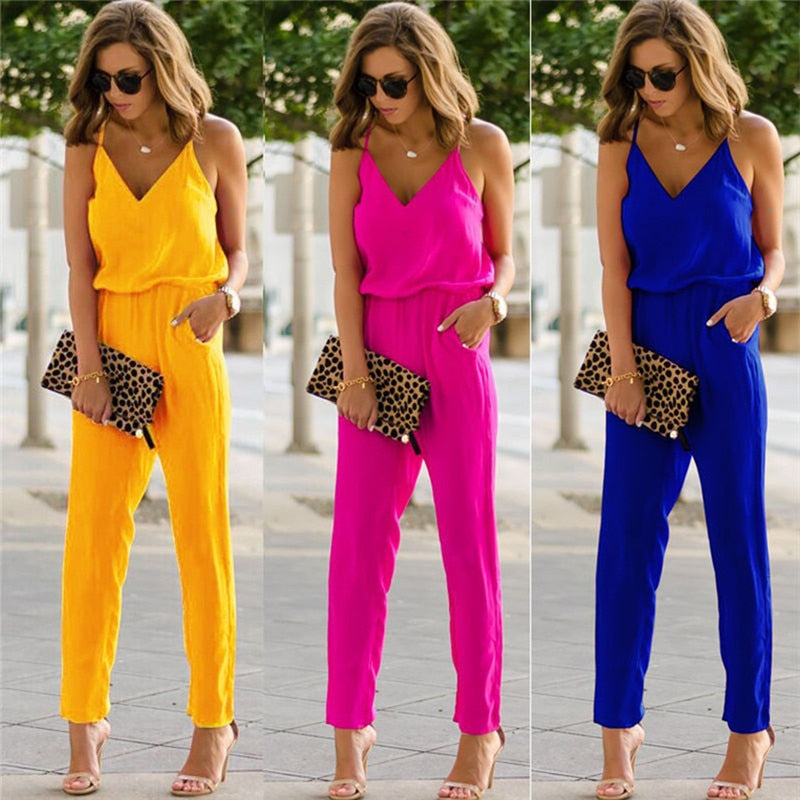 2021 Summer Women Holiday Casual Sleeveless Jumpsuits Fashion Ladies Solid Color Bodysuit Loose Long Pants Trousers - Executive Quality Store