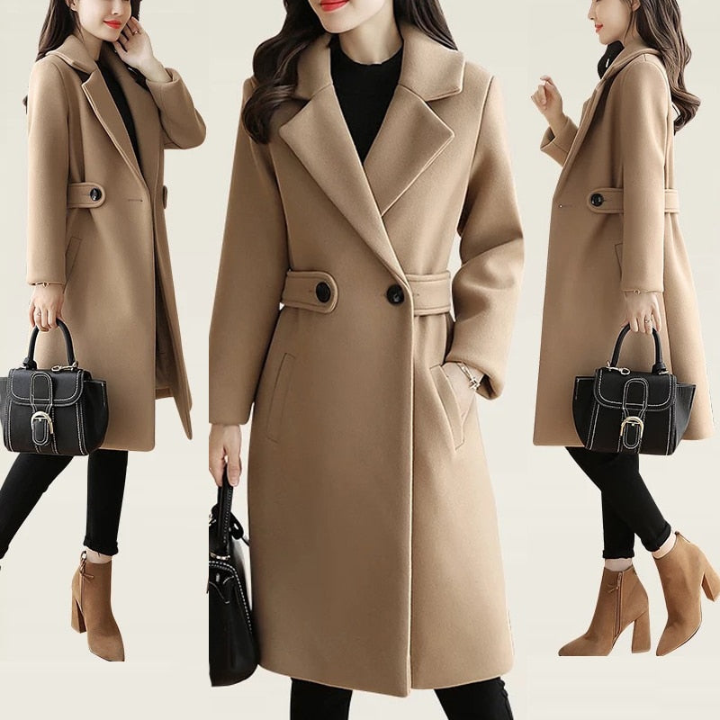 Autumn Winter New Women Warm Wool Coats with Belt Fashion Turn Down Collar Long Overcoat 2022 Female Solid Chic Outwear jackets - Executive-Skincare