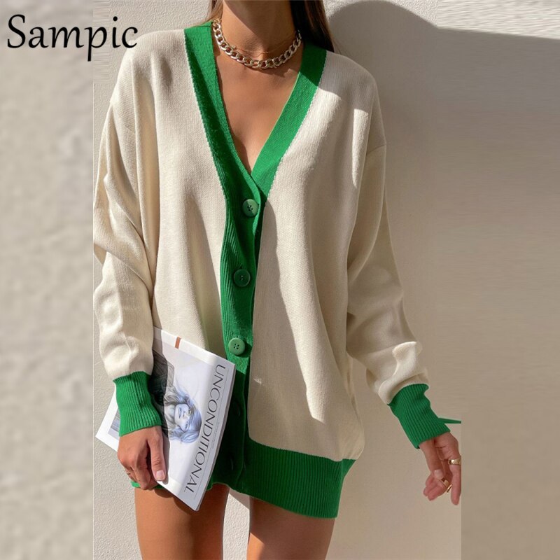 Sampic Loose Patchwork Knitwear Winter 2021 Women Cardigans Tops Oversized Long Sleeve Y2K V Neck Sweater Casual Fashion Tops - Executive-Skincare