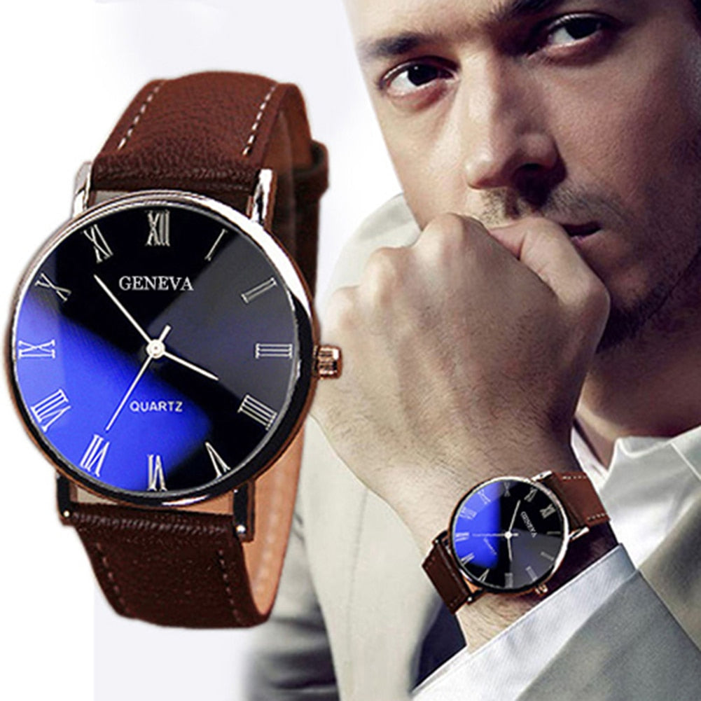 Men Watch Roman Numerals Blu-Ray Faux Leather Band Quartz Analog Business Wrist Watch - Executive-Skincare