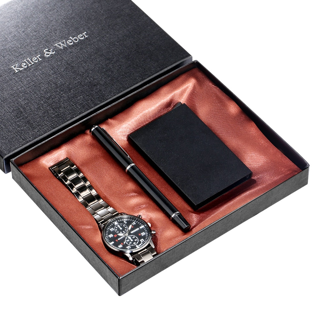 2021 Men&#39;s Gift Sets Top Luxury Quartz Watches High Quality Signature Pen Fashion Male Card Case Gifts for Husband Dad Boyfriend - Executive-Skincare