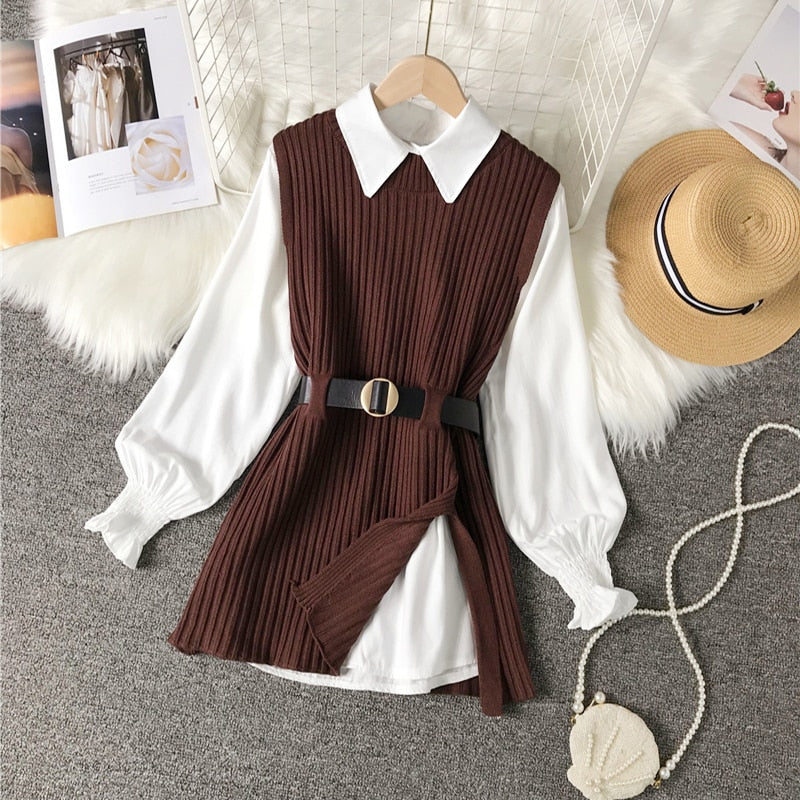 Long lantern sleeve shirt women knitted vest 2 two piece set 2022 spring autumn womens Shirts sets Sleeveless Sweater tops - Executive-Skincare