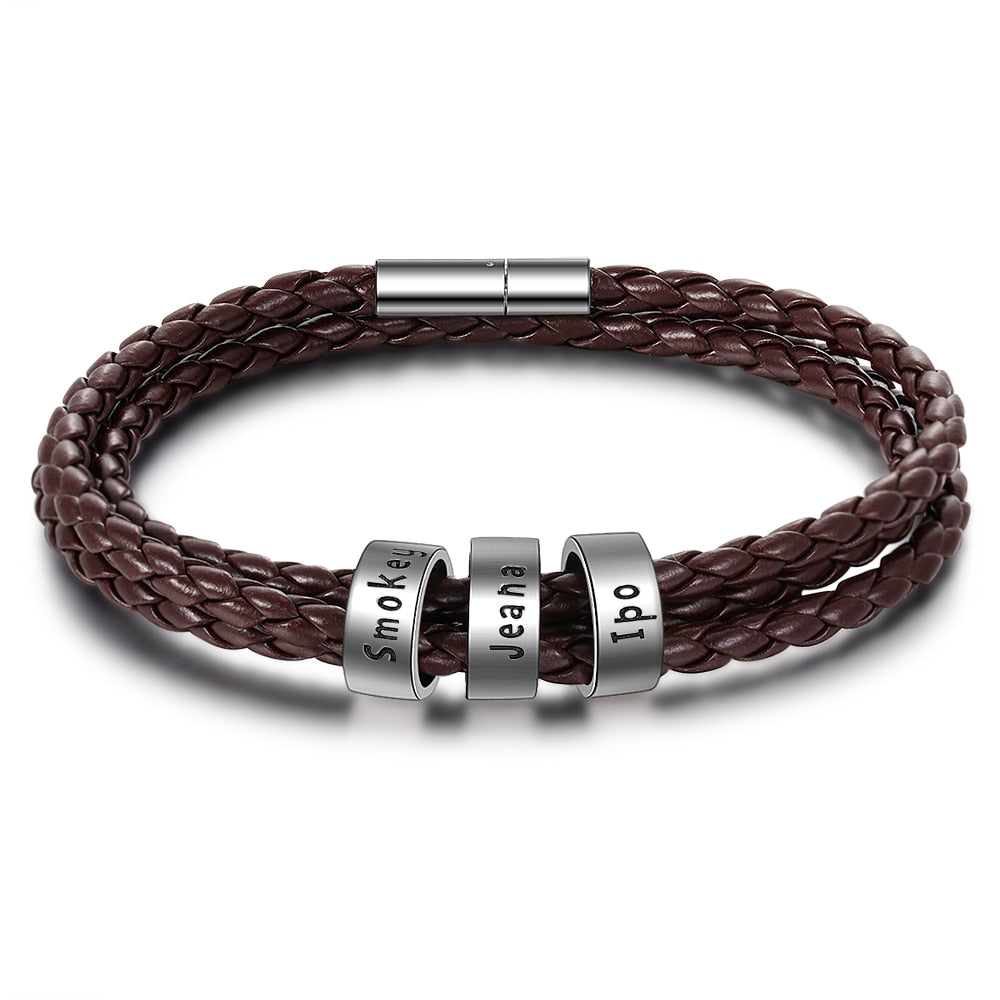 Customized 2-5 Names Beads Bracelets for Men Personalized Brown Braided Rope Leather Bracelet Male Jewelry Gift for Grandfather - Executive-Skincare