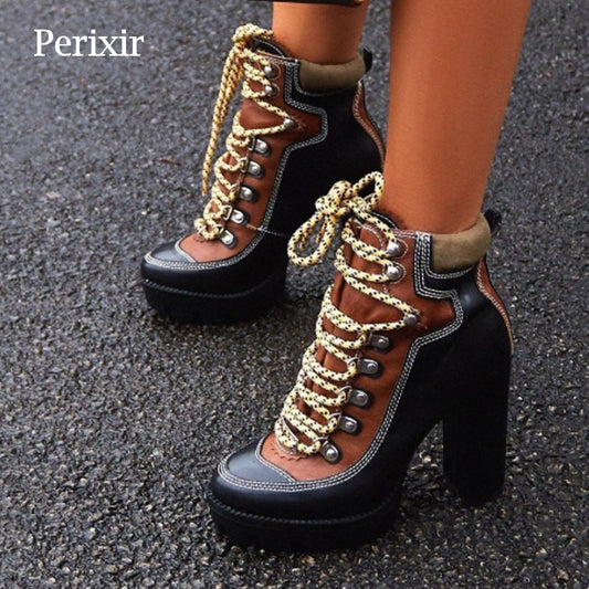 Perixir Spring Autumn Fashion Platform Ankle Boots Women 12cm Thick Heel Platform Boots Ladies Worker Boots Black Brown Shoes - Executive-Skincare