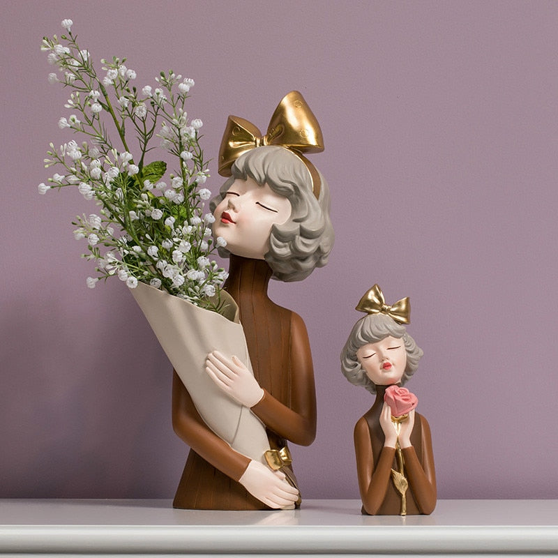 Cute creative Bouquet Girl Ornaments Sculpture Statue gifts Living Room TV cabinet Flower arrangement Modern Home Decoration - Executive-Skincare