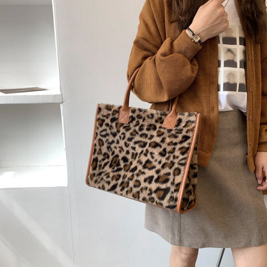 Top-Handle Bags Retro Cow Leopard Print PU Leather Plush Design Autumn Winter Fashion Small Women Small Handbags - Executive-Skincare