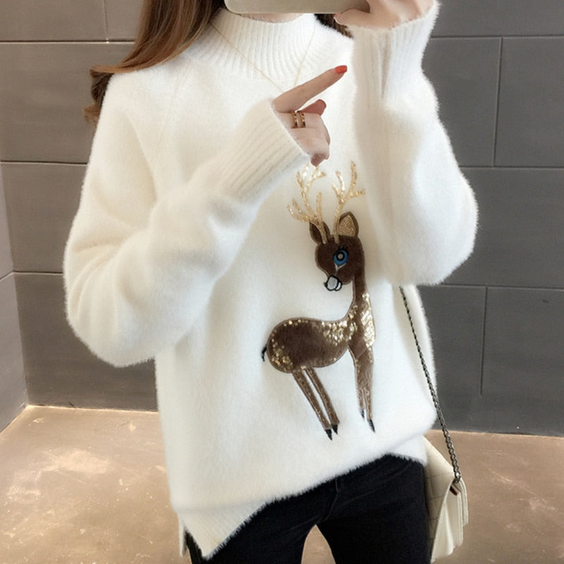 Cute Sweater Korean Reindeer Ugly Christmas Sweater Women Winter Warm Sweaters Fluffy Cashmere Jumper Turtleneck Pullover 2022 - Executive-Skincare