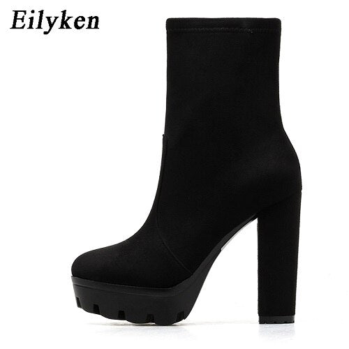 Eilyken Fashion Leopard Ankle Boots For Women Thick Heels Autumn Winter Flock Platform Shoes High Heels Zipper Ladies Botas Muje - Executive-Skincare