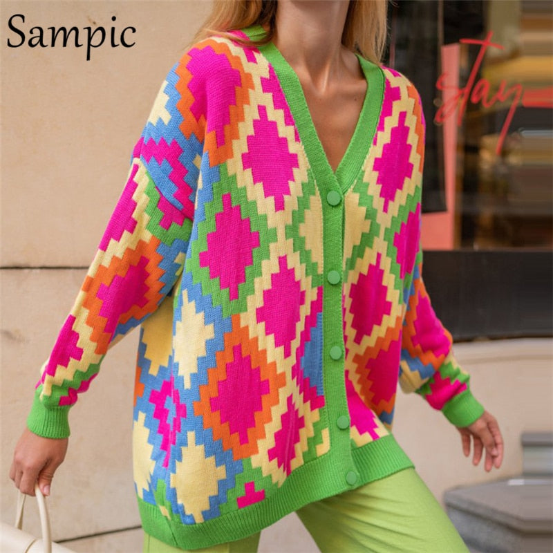 Sampic Loose Patchwork Knitwear Winter 2021 Women Cardigans Tops Oversized Long Sleeve Y2K V Neck Sweater Casual Fashion Tops - Executive-Skincare