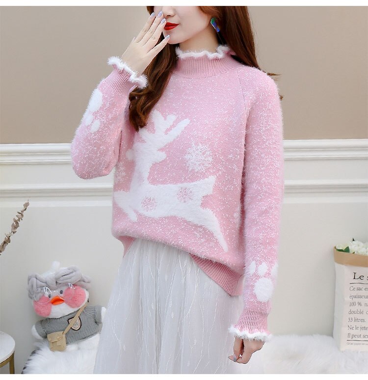 Christmas Sweater Women Reindeer Turtleneck Winter Clothes Mink Cashmere Sweaters Pull Femme Korean Pullover Kawaii Jumper 2022 - Executive-Skincare