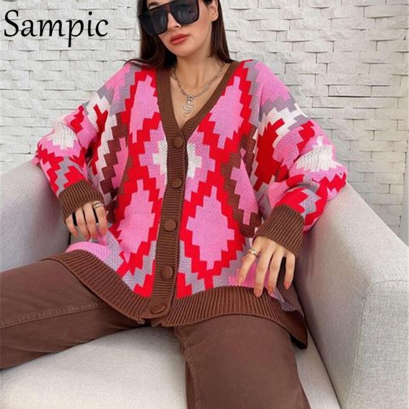 Sampic Loose Patchwork Knitwear Winter 2021 Women Cardigans Tops Oversized Long Sleeve Y2K V Neck Sweater Casual Fashion Tops - Executive-Skincare