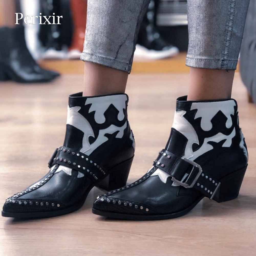 Perixir 2020 Autumn New Retro Leather Ankle Boots Woman Pointed Toe Microfiber Mixed Color Low Heel Boots Women Cowboy Boots - Executive-Skincare