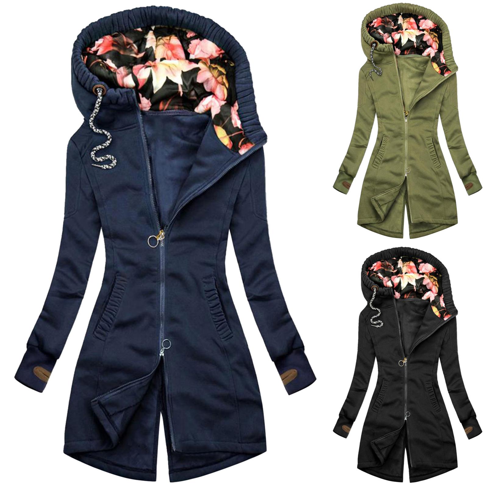 Autumn Winter Women Long Sleeve Coat Zip Irregular Floral Print Hood Jacket Floral Print Hood Jacket Coat Jacket Coat - Executive-Skincare