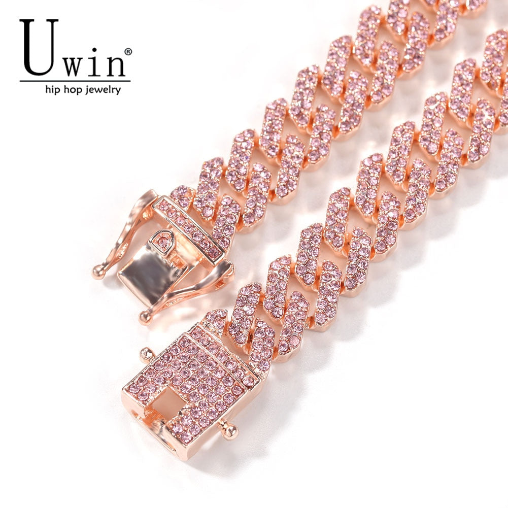 Uwin S-Link Miami RoseGold Color 12mm Cuban Link Pink Rhinestone Necklace Chain Full Bling Punk Bling Bling Charm Hiphop Jewelry - Executive-Skincare